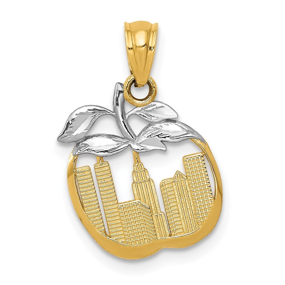 14k Yellow Gold Mini Travel Rhodium Cut-out New York Skyline Apple Charm